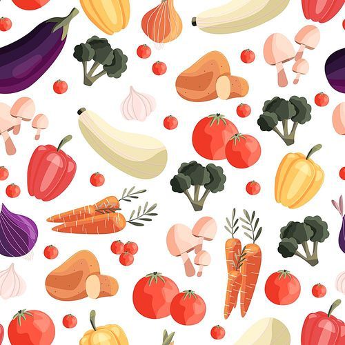 Seamless pattern with colorful vegetables. Hand drawn vector illustration design. Natural organic food. Wallpaper and fabric design.