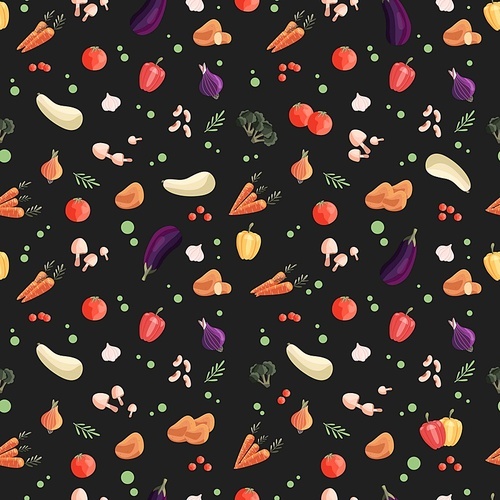 Seamless pattern with colorful vegetables on dark green background. Hand drawn vector illustration design. Natural organic food. Wallpaper and fabric design.