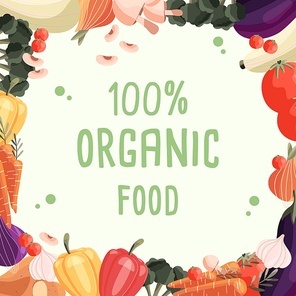 Organic food square poster template with collection of fresh organic vegetables. Colorful hand drawn illustration on light green background. Vegetarian and vegan food.