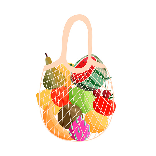 Reusable shopping bag full of fresh fruit. Grocery and farmers market purchase with organic natural food. Vector illustration.