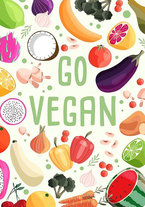 Go vegan vertical poster template with collection of fresh organic fruit and vegetable. Colorful hand drawn illustration on light green background. Vegetarian and vegan food.