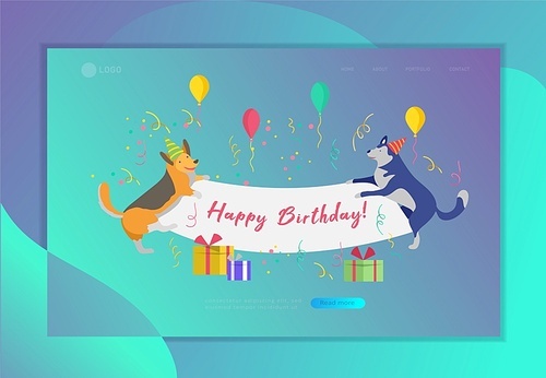 Cute dogs holding blank banner with Happy Birthday invitation. Happy cute puppy. Cartoon style vector illustration