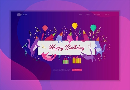 landing page template with Cute cats holding blank banner with Happy Birthday invitation. Happy cute kitty. Cartoon style vector illustration