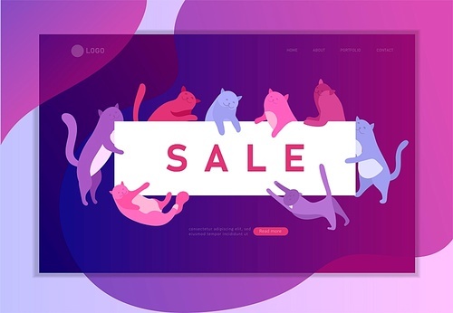 Landing page template with Cute cats holding blank banner sale message. Happy cute kitten. Cartoon style vector illustration