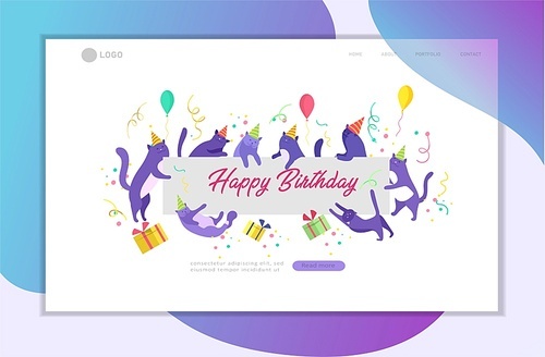 landing page template with Cute cats holding blank banner with Happy Birthday invitation. Happy cute kitty. Cartoon style vector illustration