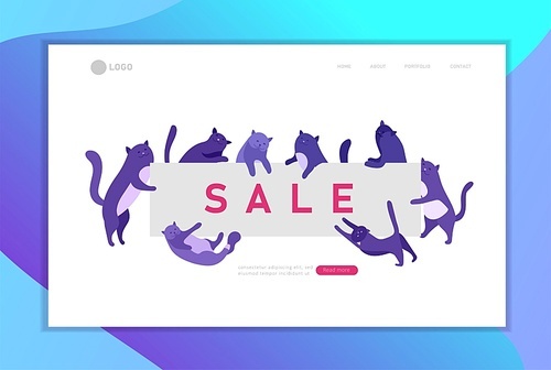 Landing page template with Cute cats holding blank banner sale message. Happy cute kitten. Cartoon style vector illustration