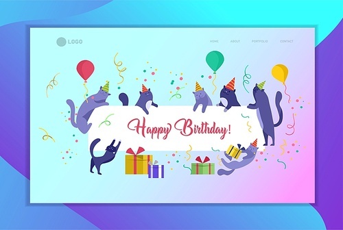 landing page template with Cute cats holding blank banner with Happy Birthday invitation. Happy cute kitty. Cartoon style vector illustration