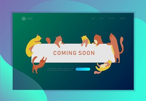 Landing page template with Cute cats holding blank banner with coming soon message. Happy cute kitten. Cartoon style vector illustration