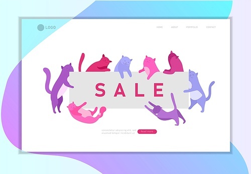 Landing page template with Cute cats holding blank banner sale message. Happy cute kitten. Cartoon style vector illustration