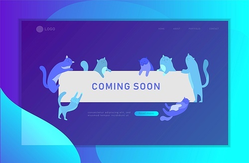 Landing page template with Cute cats holding blank banner with coming soon message. Happy cute kitten. Cartoon style vector illustration