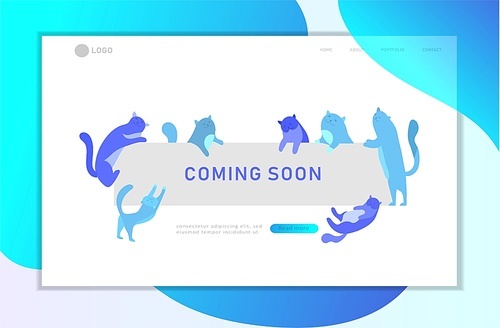 Landing page template with Cute cats holding blank banner with coming soon message. Happy cute kitten. Cartoon style vector illustration