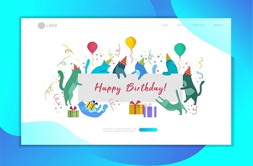 landing page template with Cute cats holding blank banner with Happy Birthday invitation. Happy cute kitty. Cartoon style vector illustration