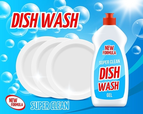 Detergent dishware cleaner bottle, plates and bubbles. 3d vector poster with dish wash liquid soap tube and clean platters on blue background. New formula of dishwasher, detergent dishware advertising