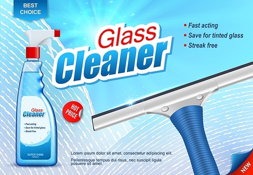 Window glass cleaner, cleaning spray bottle and squeegee, vector product background. Liquid wash detergent for window glass of home and car, spray bottle mock up, advertisement poster template