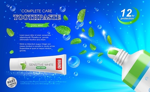 Green mint leaves and toothpaste. Dental care mint toothpaste sale flyer, pepermint dental care product, tooth enamel whitening paste banner with 3d realistic vector plastic tube, flying green leaves