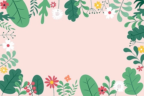 Abstract spring and summer flat simple natural background with flowers, plant and copy space for banner, greeting card, poster. Vector Illustration
