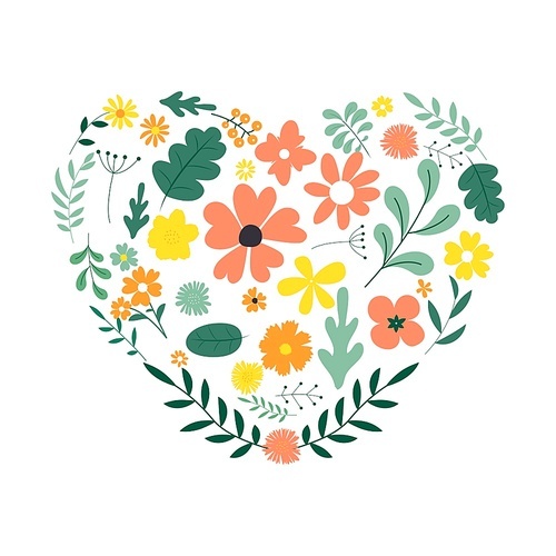 Floral decorative heart from leaves and flowers for cards and invitations. Vector Illustration