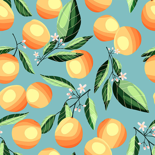 Peaches and apricots on tree branches, seamless pattern. Tropical summer fruit, on blue background. Abstract colorful hand drawn illustration.