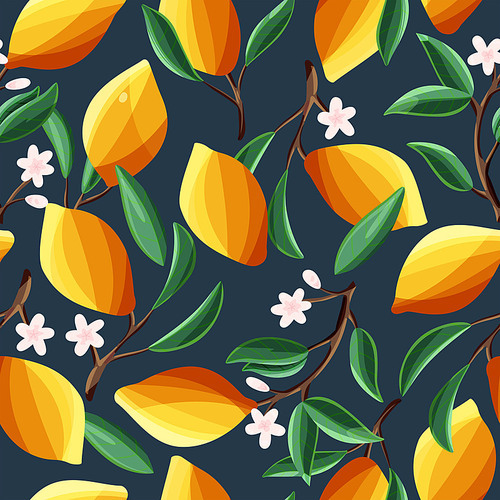 Lemons on tree branches, seamless pattern. Tropical summer fruit, on dark blue background. Abstract colorful hand drawn illustration.