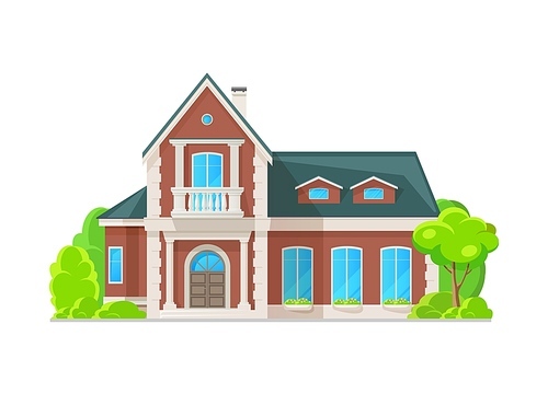 Suburban two story house with classic exterior, residential neighborhood property. Vector real estate architecture of cottage building, villa, mansion or townhouse with balconies, columns, balustrade