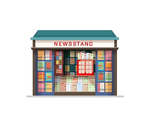 Exterior of newsstand building, shop or kiosk with newspapers, vector. Street press and news or business magazines stall, bookshop or paper store stand or tobacconist and ticket booth pavilion box