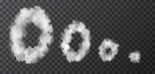 White smoke rings, round puff vape clouds of cigarette or hookah. Realistic vector 3d circles, steaming vapour isolated frames. Flow smoky chemical or cigar steam borders on transparent background