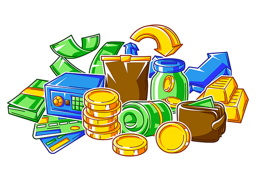 Banking background with money icons. Business concept with finance items. Economy and commerce stylized image.