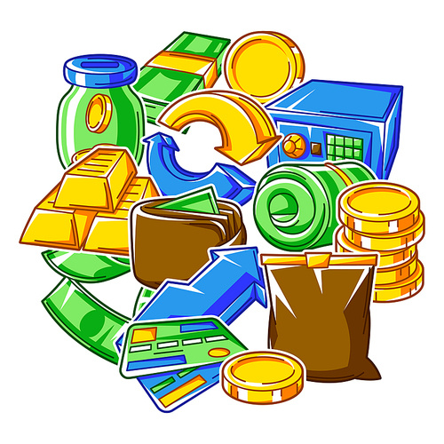 Banking background with money icons. Business concept with finance items. Economy and commerce stylized image.