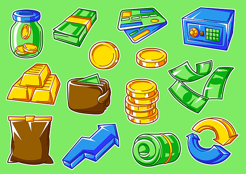 Set of banking and money icons. Business illustration with finance items. Economy and commerce stylized image.