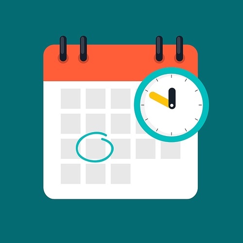 Time management concept with calendar date and clock icon. Vector Illustration.