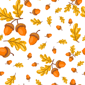 Seamless pattern of oak leaves with acorns. Image of seasonal autumn plant.