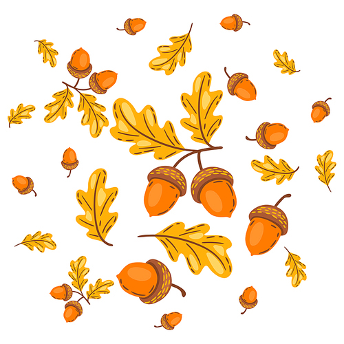 Background from oak leaves with acorns. Image of seasonal autumn plant.