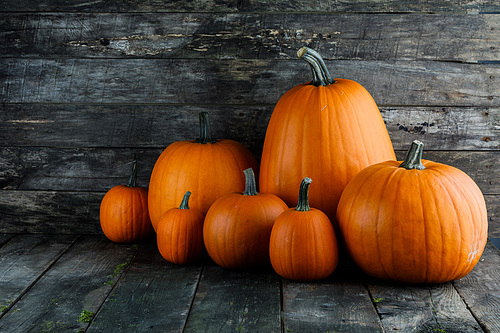 Ripe pumpkins on grey table against wooden background, copy space for text. Holiday decoration