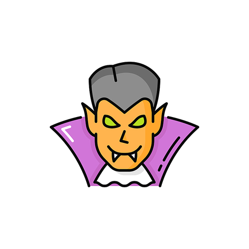 Vampire Dracula in costume isolated color line icon. Vector male in cape, vampire dead monster head with fangs and sharp ears in carnival cloth. Halloween character, man in cloak costume, green eyes