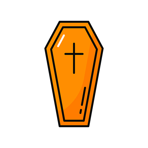 Funeral closed coffin burial box isolated color line icon. Vector Halloween symbol, last bed, wooden box, burial closed case with dead. Long narrow case of wood for buried or cremated corpse