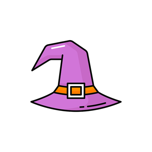 Witch hat with buckle Halloween outline cap symbol isolated. Vector magical sorceress head costume, pointy cap of witch. Headdress, outline wizard cap, masquerade accessory, sorcery clothing