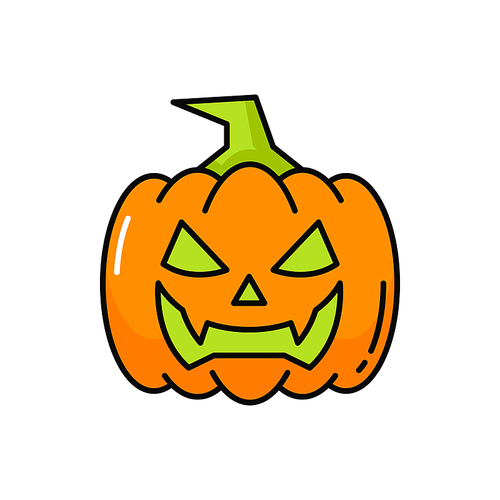 Scary jack-o-lantern pumpkin Halloween party sign isolated outline icon. Vector squash with triangle eyes and mouth, pumpkin with stem, autumn vegetable. Gourd with angry smile, illuminated lantern