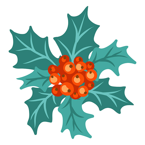 Merry Christmas illustration of holly berry. Holiday symbol in hand drawn style.