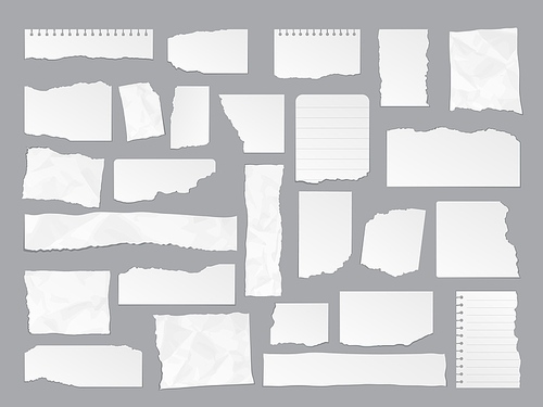 White torn paper note rips, sheet edges and page scraps, vector notebook pieces. White torn paper and blank page pieces, square message note or notepad strips and scrapbook shreds