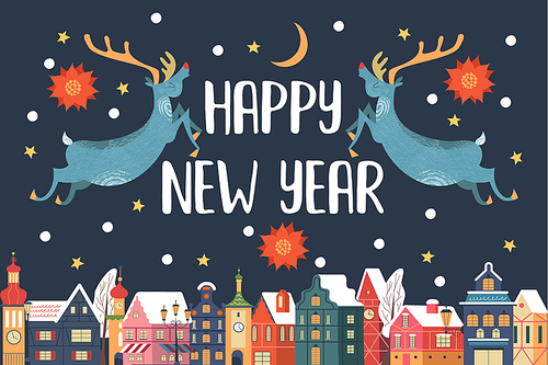 Happy new year. Christmas reindeer and a small cozy town on Christmas night. Vector illustration, greeting card.