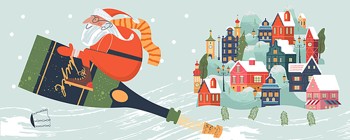 Merry Christmas. Santa Claus is flying a bottle of champagne over a small town. Vector illustration, greeting card.