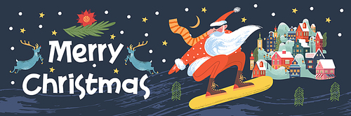 Merry Christmas. Santa Claus is flying snowboard over a small town. Vector illustration, greeting card.