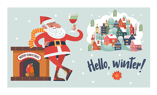 Santa toasting a wine glasses. Snow falls quietly. A small cozy snow covered town. New year and Christmas. Vector christmas card.