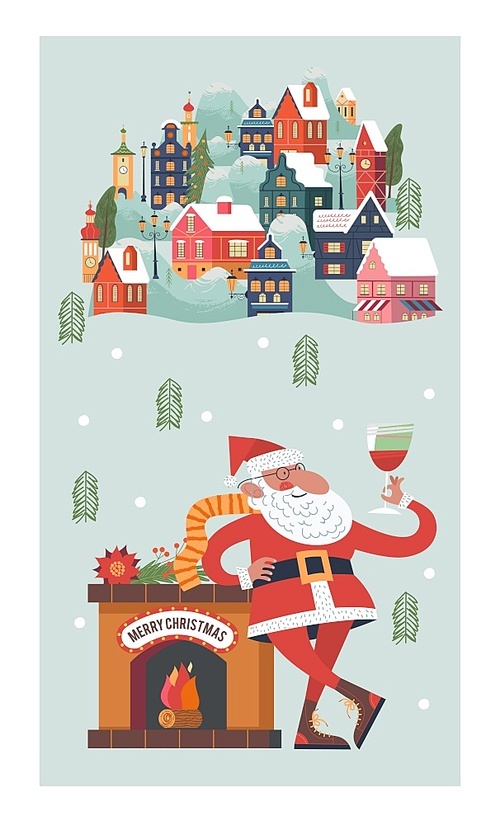 Santa toasting a wine glasses. Snow falls quietly. A small cozy snow covered town. New year and Christmas. Vector christmas card.