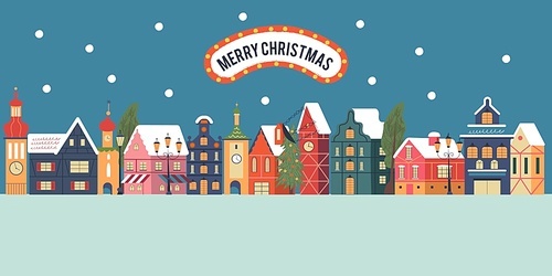 Merry christmas. Night snow covered town. Snowfall. Christmas card with. Vector greeting christmas card.