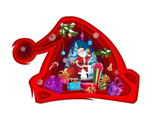 Christmas paper cut santa hat and gifts. Vector Xmas holiday papercut double exposition design with 3d effect frame, father noel in red costume, colorful present, baubles and spruce branches with snow