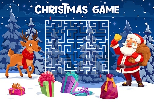 Christmas labyrinth maze, help deer to find Santa quiz game. Vector worksheet of kids puzzle with square labyrinth and winter holiday characters. Cartoon Santa Claus with gift bag and present boxes