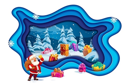 Christmas papercut, cartoon Santa with gifts in snow forest, vector holiday paper cut background. Merry Christmas or Xmas shopping card and ad banner with Santa and gifts in blue 3d papercut cutout