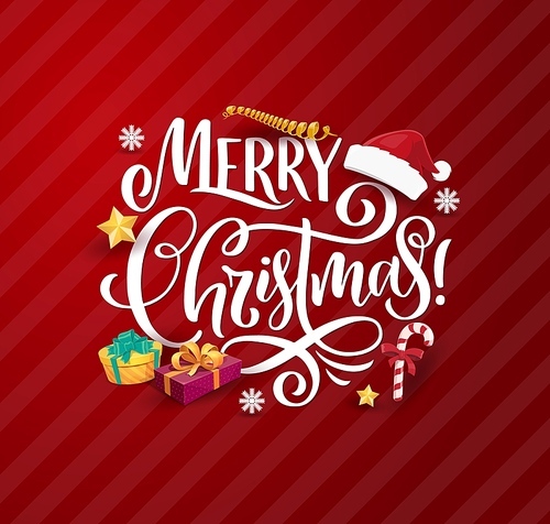 Christmas gifts and greeting card lettering, vector Xmas. Winter holidays cartoon present boxes, Santa Claus red hat and candy canes, snowflakes, gold stars, festive serpentine streamers and ribbons