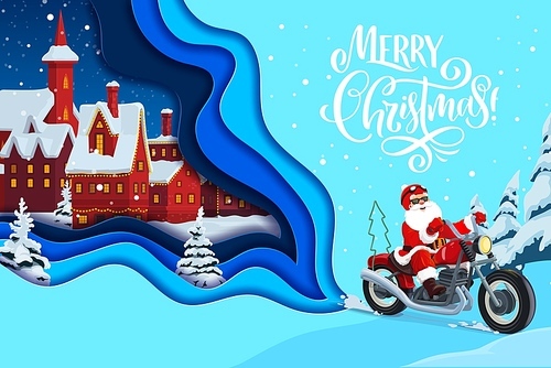 Christmas paper cut cartoon Santa on bike and little winter town, vector background. Merry Christmas holiday papercut or 3d cutout with Xmas tree and Santa riding bike on snow in night town